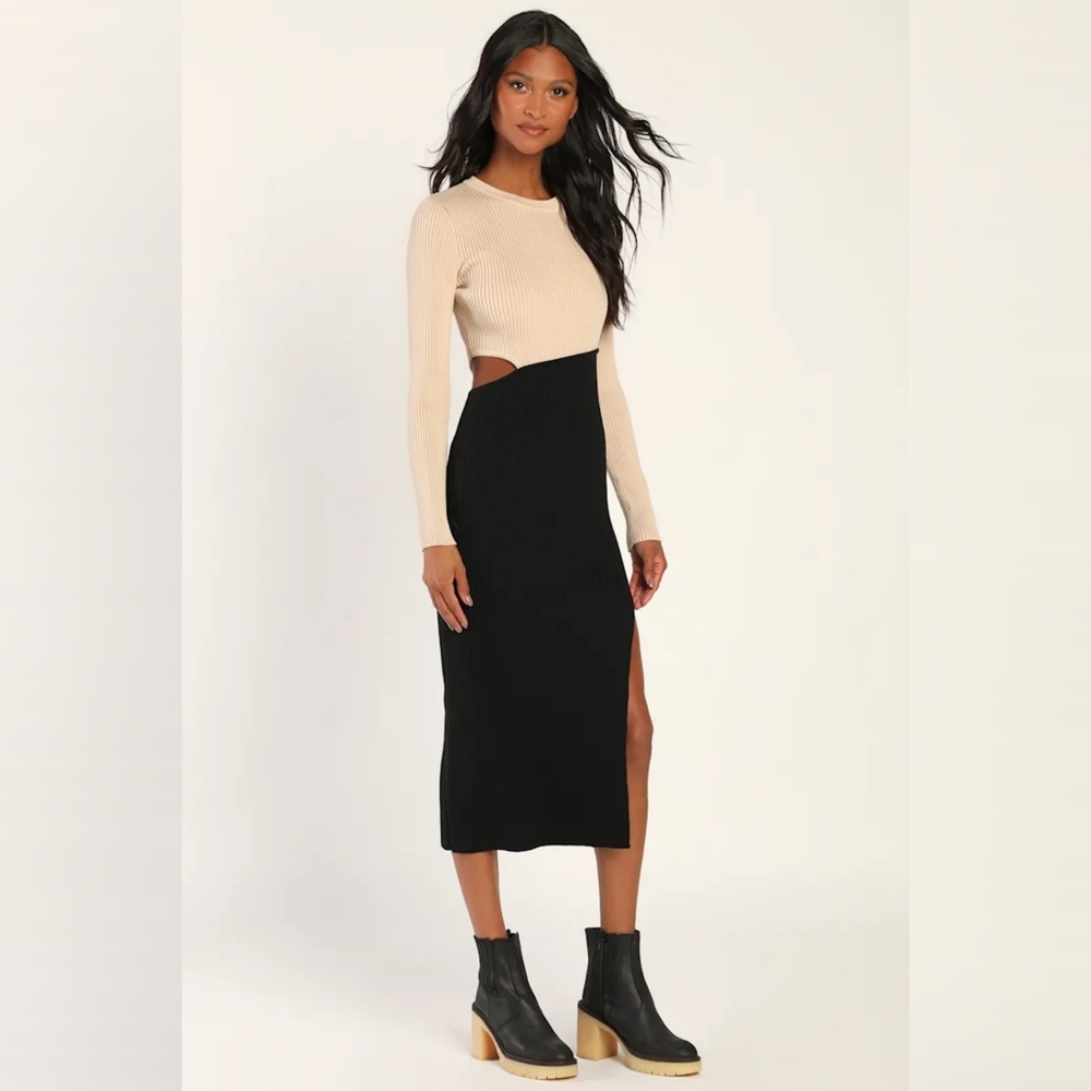 NWT Lulus Cutest Combo Beige and Black Color Block Cutout Sweater Dress Size L